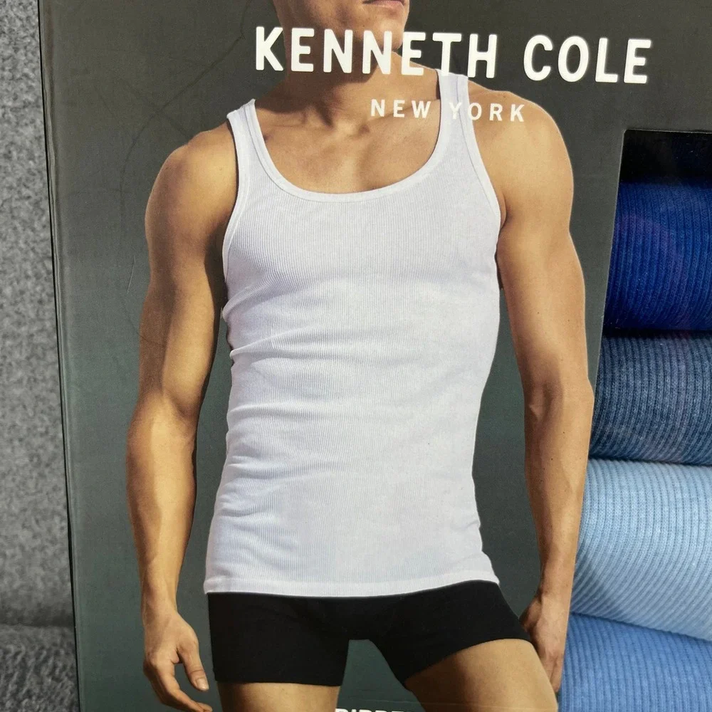 Kenneth Cole Ribbed Tank Men M Blue 5 Pack Classic Fit Soft Cotton Undershirts